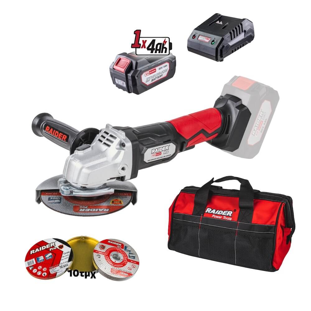 RAIDER R20 combo-01 Γωνιακός τροχός με φορτιστή & μπαταρία 4Ah/1h δίσκοι 10τεμ. & τσάντα RAIDER R20 combo-01 Γωνιακός τροχός με φορτιστή & μπαταρία 4Ah/1h δίσκοι 10τεμ. & τσάντα